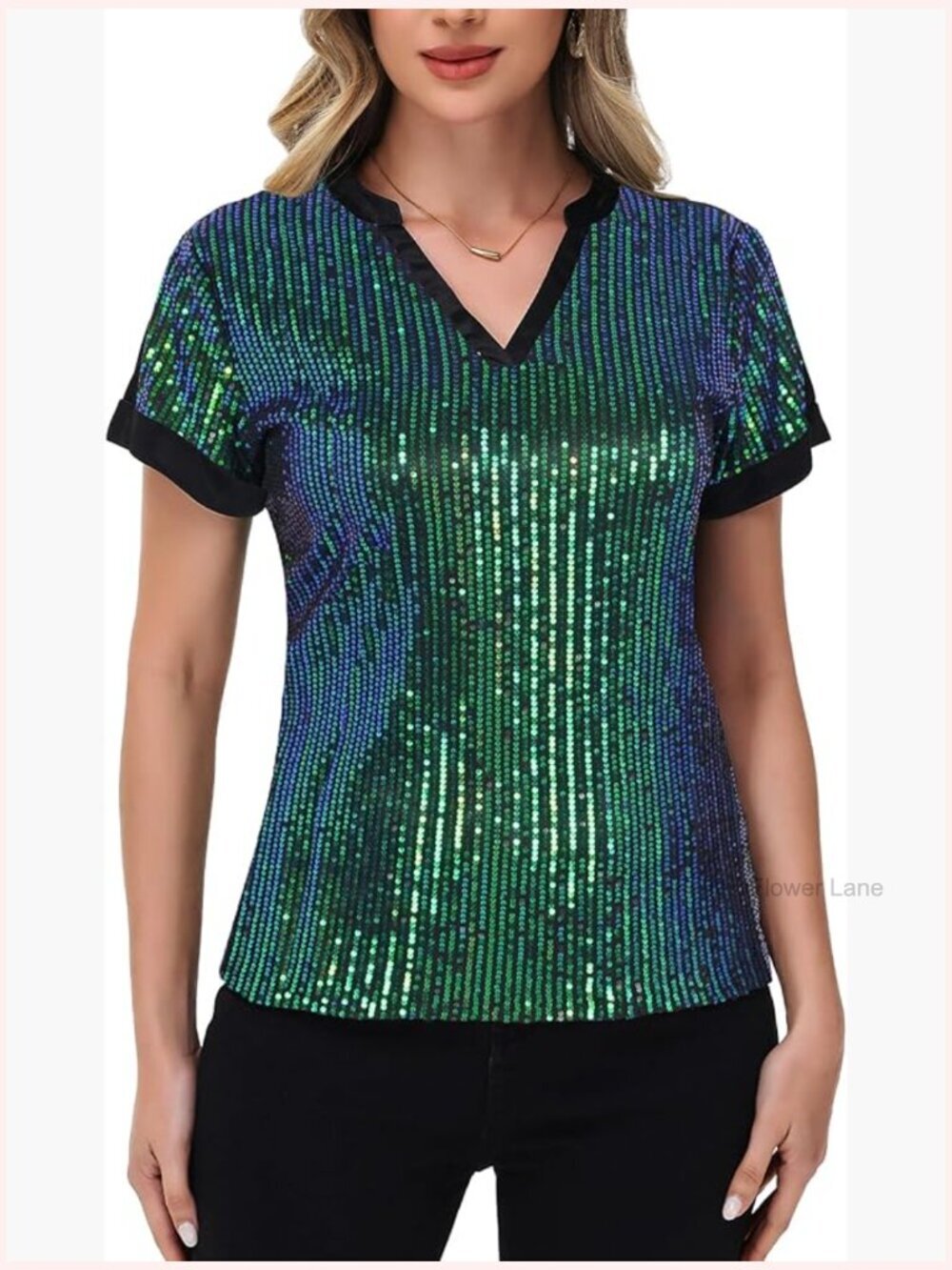 Women's Sequin Top V-Neck Short Sleeve Tunic Blouse Party Shirt